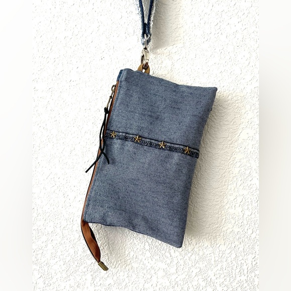 Bohemian Unique One-of-a-Kind Denim Patchwork Clutch with removable Wrist Handle - Picture 12 of 16